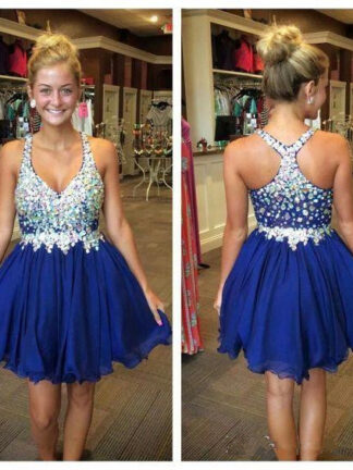 Купить Crystal royal blue Prom Dresses Short Homecoming Dress Beaded Straps Chiffon Mini Skirt 8th grade graduation Rhinestone Party
