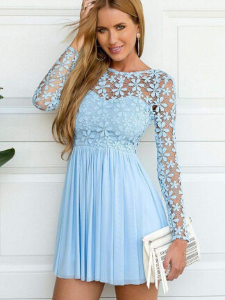 Купить Sky Blue Dresses Long Sleeve Crochet lace chiffon Skater Short Prom Homecoming Summer Holiday Elegant Occasion gown