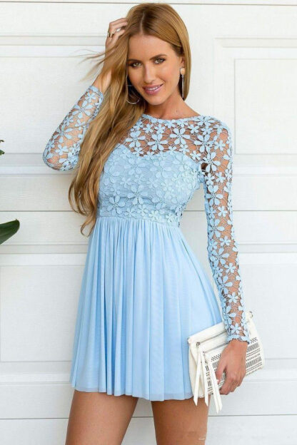 Купить Sky Blue Dresses Long Sleeve Crochet lace chiffon Skater Short Prom Homecoming Summer Holiday Elegant Occasion gown