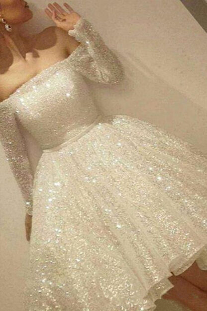 Купить New Arrival White Shine Short Homecoming Dresses Sequins Off The Shoulder Long Sleeve Party Dress Thin Ribbon A-Line Cocktail Shiny