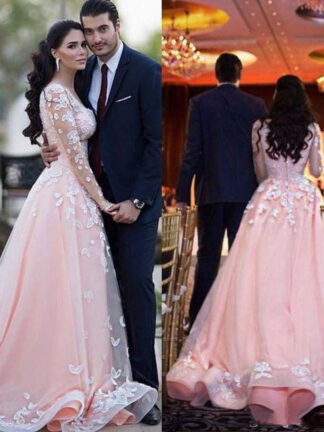 Купить 2022 Vestdios De Novia Sheer Long Sleeves Arabic Prom Dresses Scoop Neck Over skirts Train Lace Appliques Pink Tulle Formal Evening Gowns