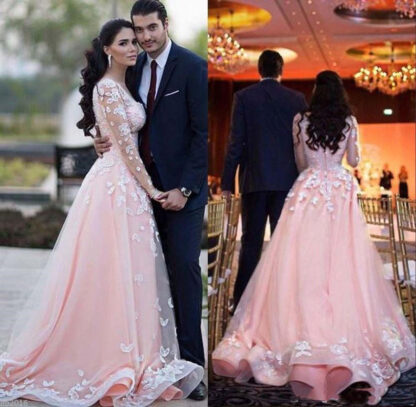 Купить 2022 Vestdios De Novia Sheer Long Sleeves Arabic Prom Dresses Scoop Neck Over skirts Train Lace Appliques Pink Tulle Formal Evening Gowns