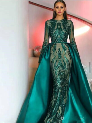 Купить 2022 Muslim Dark Green Long Sleeves Sequins Mermaid Evening Dresses pageant Illusion Plus Size Formal Party Prom Gowns With Detachable Skirt