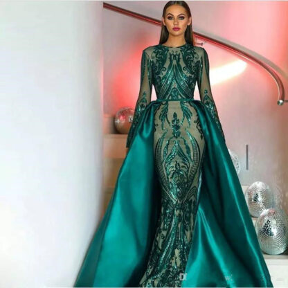 Купить 2022 Muslim Dark Green Long Sleeves Sequins Mermaid Evening Dresses pageant Illusion Plus Size Formal Party Prom Gowns With Detachable Skirt