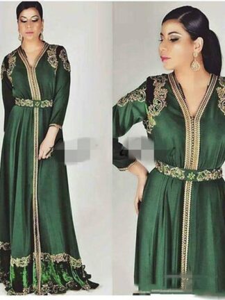 Купить Emerald Green Moroccan Caftan Long Sleeve Evening Dresses Custom Make Gold Embroidery Kaftan Dubai Abaya Arabic Evening Wear Gowns