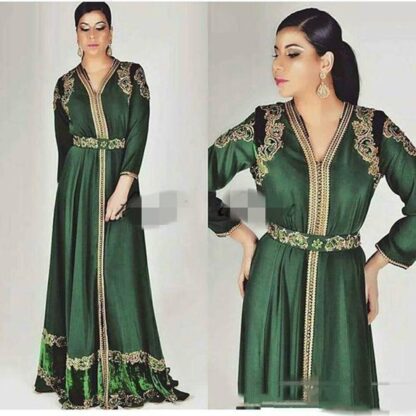 Купить Emerald Green Moroccan Caftan Long Sleeve Evening Dresses Custom Make Gold Embroidery Kaftan Dubai Abaya Arabic Evening Wear Gowns