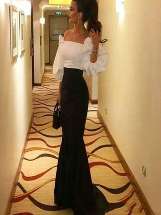 Купить Black and White Evening Dresses Off the Shoulder Puffy 3/4Long Sleeves Floor Length Mermaid Prom Gowns