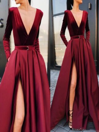 Купить Elegant Burgundy Long Sleeves Evening Dresses Vintage Deep V Neck A-line Prom Gown Plus Size Satin Formal Party Bridesmaid Dress