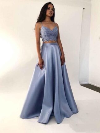 Купить Spaghetti Straps Lace Crop Top Prom Dresses Long Blue Satin Party Gowns Two Pieces Design Women Sexy evening Dress