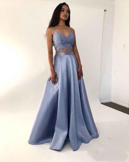 Купить Spaghetti Straps Lace Crop Top Prom Dresses Long Blue Satin Party Gowns Two Pieces Design Women Sexy evening Dress