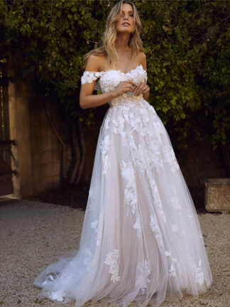 Купить 2022 Lace Wedding Dresses Off the Shoulder Appliques A Line Bride Dress Princess Gown robe de mariee