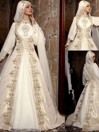 Купить 2020 Vintage Arabic Muslim Wedding Dresses With Long Sleeves High Neck Gold Embroidery Beads Luxury Bridal Ball Gown With Cloak
