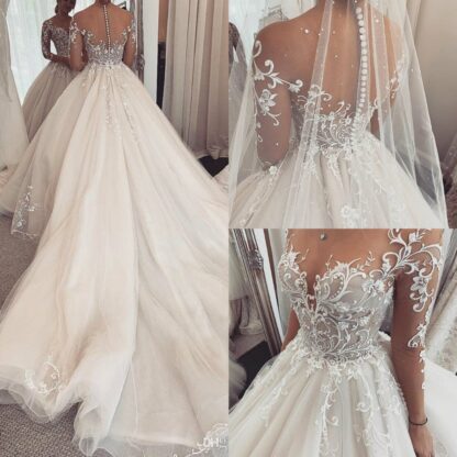 Купить Charming Elegant Lace Wedding Gowns robe de mariee Sheer Long Sleeve Dress Custom Made Illusion A Line Bride