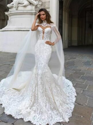 Купить 2022 Gorgeous Mermaid Lace Wedding Dresses Bridal With Cape Sheer Plunging Neck Bohemian Gown Appliqued Plus Size