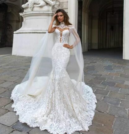 Купить 2022 Gorgeous Mermaid Lace Wedding Dresses Bridal With Cape Sheer Plunging Neck Bohemian Gown Appliqued Plus Size