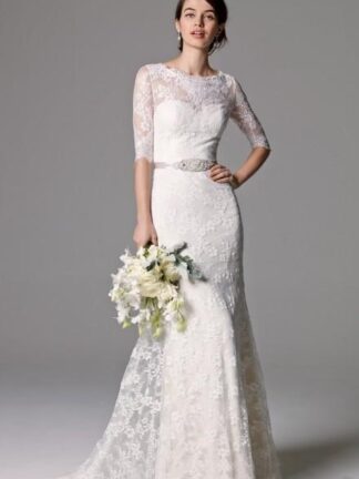 Купить Vintage Lace Wedding Dresses with Beaded Ribbon Buttons Back Gowns Half Sleeves Dress