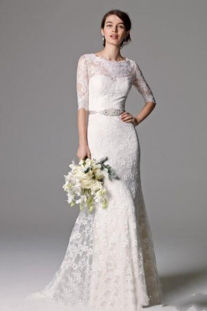 Купить Vintage Lace Wedding Dresses with Beaded Ribbon Buttons Back Gowns Half Sleeves Dress