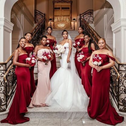 Купить Custom Made South African Burgundy Mermaid Bridesmaid Dresses 2020 Strapless Long Plus Size Maid Of Honor Gowns