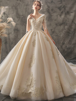 Купить Vestido De Noiva Princesa 2022 Gown Custom Made V-neck Lace Up Beading Sequins Gold Appliques Ball Wedding