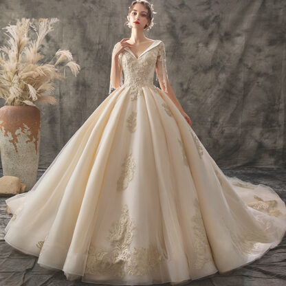 Купить Vestido De Noiva Princesa 2022 Gown Custom Made V-neck Lace Up Beading Sequins Gold Appliques Ball Wedding