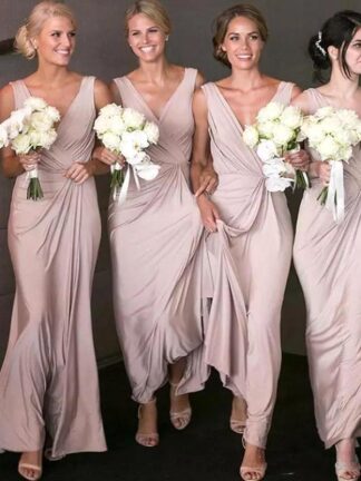 Купить 2020 PinK Western Country Pleats Bridesmaid Dresses Garden Bohemian V Neck Floor Length Boho Maid of Honor Gowns BM1641
