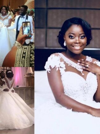 Купить 2020 Sparkly Diamonds Sequins African Wedding Dresses Plus Size A Line Sheer Neck Cap Sleeve Flower Lace Bridal Gowns Custom Size