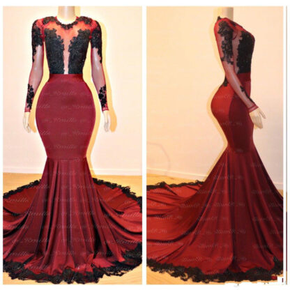 Купить 2020 Burgundy Sheer Long Sleeves Satin Mermaid Long Prom Dresses Lace Applique Backless Sexy Sweep Train Evening Gowns Vestidos De Festa