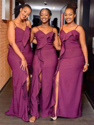 Купить Elegant Nigerian Girls Mermaid Bridesmaid Dresses 2020 Newest Ruffles Front Split Spaghetti Strap Long Maid of Honor Gowns Cheap BM1915