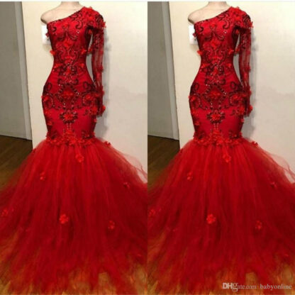Купить 2020 Vintage Red One-Shoulder Tulle Prom Gown luxury sparkly Elegant 3D floral Long-Sleeves Appliques Mermaid Prom Evening Dresses