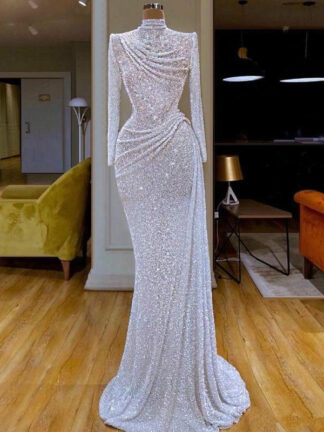 Купить Glitter Mermaid Evening Dresses High Collar Sequins Beaded Sleeve Sweep Train Formal Party Gowns Custom Made Long Prom Dress