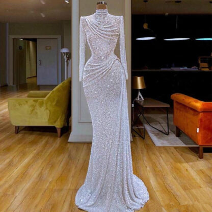 Купить Glitter Mermaid Evening Dresses High Collar Sequins Beaded Sleeve Sweep Train Formal Party Gowns Custom Made Long Prom Dress