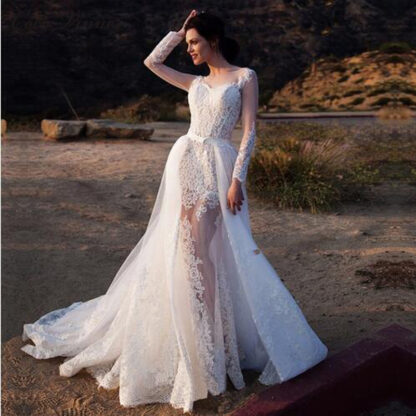 Купить 2 In 1 Long Sleeve Illusion Sexy Mermaid Wedding Dresses With Detachable Train Fashion Europe Style Dress