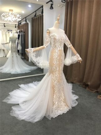 Купить New Sexy Gown Mermaid Wedding Dresses Jewel Vintage Neck Illusion Long Sleeves Lace Appliques Backless SweepTrain Sheer Formal Bridal