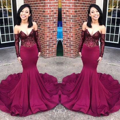 Купить 2020 Elegant Maroon Prom Dresses Satin Mermaid Illusion Sequins Lace Top Black Girls' Plus Size Pageant Evening Formal Party Gowns BC1222