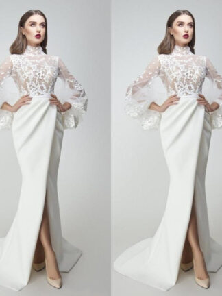 Купить Yousef Aljasmi 2020 Evening Dresses Lace Appliqued Long Sleeves Side Split Mermaid Prom Gowns Sweep Train Special Occasion Dress