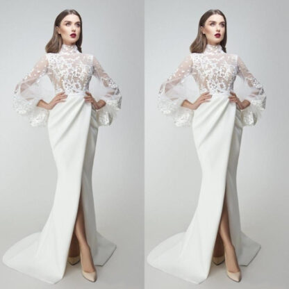 Купить Yousef Aljasmi 2020 Evening Dresses Lace Appliqued Long Sleeves Side Split Mermaid Prom Gowns Sweep Train Special Occasion Dress