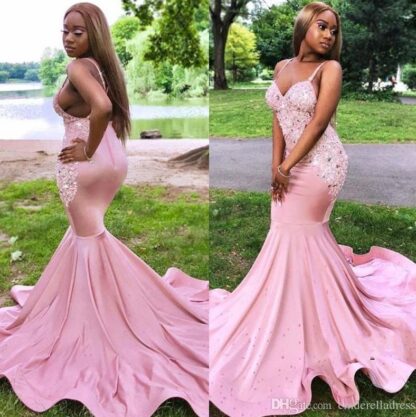 Купить 2020 African Sexy Black Girls Pink Prom Dresses Mermaid Spaghetti Straps Backless Long For Party Evening Gowns With Beads Appliques BC0979