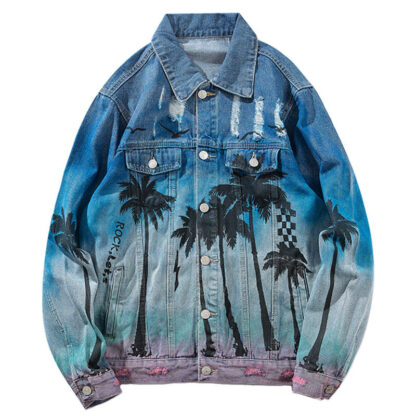 Купить Januarysnow Vintage Denim Bomber Jacket Ripped Holes Sea Beach Coconut Tree Men Hip Hop Jeans Jacket Streetwear 2018 Distressed Denim Jacket