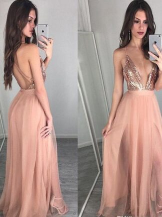 Купить 2020 Rose GOld Cheap A-line Prom Dresses Sexy Deep V-neckline Pink Tulle Long Prom Dresses Glamorous Backless Sequins Party Dress