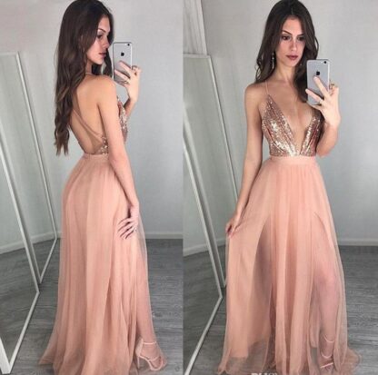 Купить 2020 Rose GOld Cheap A-line Prom Dresses Sexy Deep V-neckline Pink Tulle Long Prom Dresses Glamorous Backless Sequins Party Dress