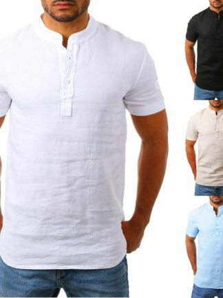 Купить Men's Baggy Cotton Linen Soid Color Short Sleeve Retro Shirts Tops Blouse Purchasing fashion