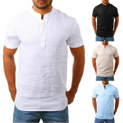 Купить Men's Baggy Cotton Linen Soid Color Short Sleeve Retro Shirts Tops Blouse Purchasing fashion