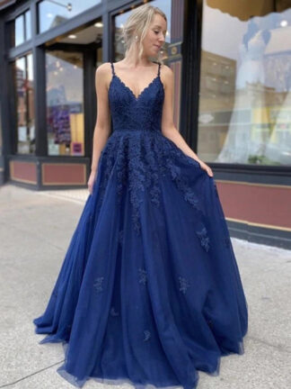 Купить 2022 Stylish Royal Blue Lace Prom Dresses Long Spaghetti Strap V Neck Evening Gowns Formal Sexy Backless Prom Military Ball Gown