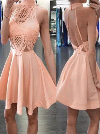 Купить Pink Lace High Neck Prom Homecoming Dresses for Juniors Sexy Backless Mini Cocktail Party Dress Short A Line