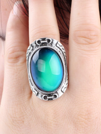 Купить Large Real Antique Silver Plated Color Change Mood Ring Bohemian Style Emotion Feeling Oval Stone Rings Size 7/8/9 MJ-RS033