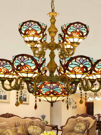Купить 40W*15 Stained Glass Chandelier Flower Pattern White European Retro Living Room Chandelier Bedroom Kitchen Fairy Lamp Can Be Customized T009
