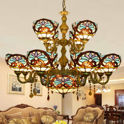 Купить 40W*15 Stained Glass Chandelier Flower Pattern White European Retro Living Room Chandelier Bedroom Kitchen Fairy Lamp Can Be Customized T009