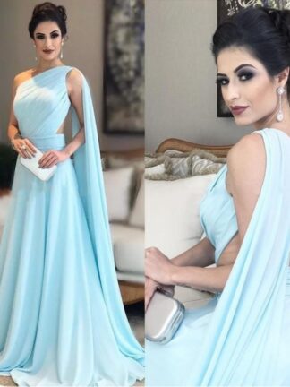 Купить One Shoulder Light Sky Blue Evening Dresses 2019 Pleated Chiffon Illusion Back Floor Length Saudi Arabic Prom Dresses Bridesmaid Gowns