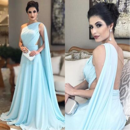 Купить One Shoulder Light Sky Blue Evening Dresses 2019 Pleated Chiffon Illusion Back Floor Length Saudi Arabic Prom Dresses Bridesmaid Gowns