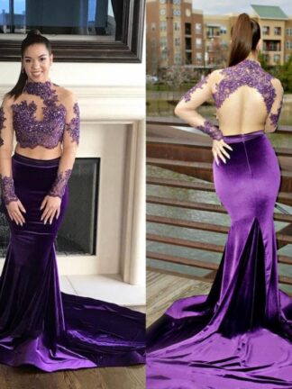 Купить 2019 Two Pieces Purple Prom Dresses High Neck Beaded Lace Top Long Mermaid Long SLeeves Velevet Evening Dress Formal Party Gown Plus Size